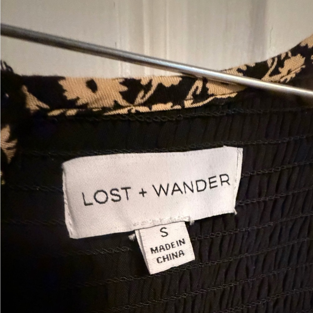 Lost+Wander Black Mini with Gold Floral Print, all over smocking, ruffle trim.S - Picture 4 of 14